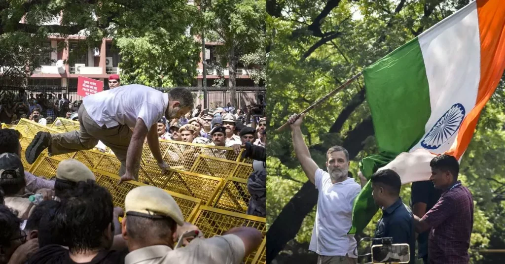 ಚುನಾವಣಾ ಆಯೋಗದ ಕಚೇರಿಯತ್ತ ಜಾಥಾ ವೇಳೆ ಬ್ಯಾರಿಕೇಡ್ ಮೇಲೆ ನಿಂತು ತ್ರಿವರ್ಣ ಧ್ವಜ ಬೀಸುತ್ತಿರುವ ರಾಹುಲ್ ಗಾಂಧಿ