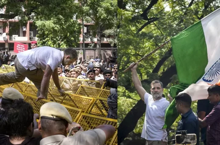 ಚುನಾವಣಾ ಆಯೋಗದ ಕಚೇರಿಯತ್ತ ಜಾಥಾ ವೇಳೆ ಬ್ಯಾರಿಕೇಡ್ ಮೇಲೆ ನಿಂತು ತ್ರಿವರ್ಣ ಧ್ವಜ ಬೀಸುತ್ತಿರುವ ರಾಹುಲ್ ಗಾಂಧಿ