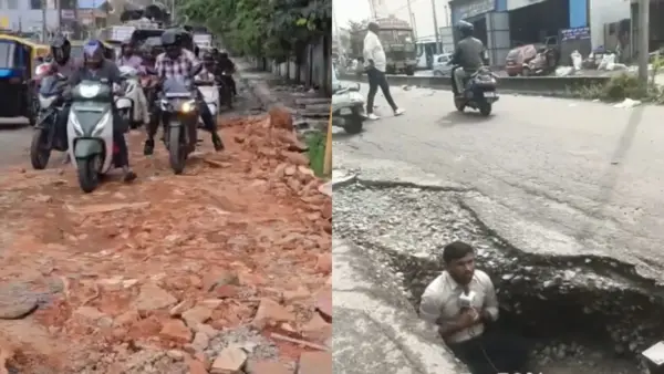 Bengaluru road potholes: motorists navigating a damaged road in the city