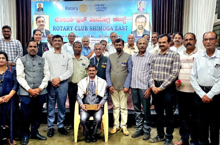 Judge Santhosh M.S. speaking on senior citizens rights at Rotary Club Shivamogga East meeting