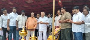 Ayanur Manjunath inaugurating the Veerashaiva Lingayat Mahasabha cricket tournament in Shivamogga